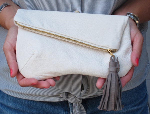 Ivory Leather Clutch w/ Grey Leather Tassel