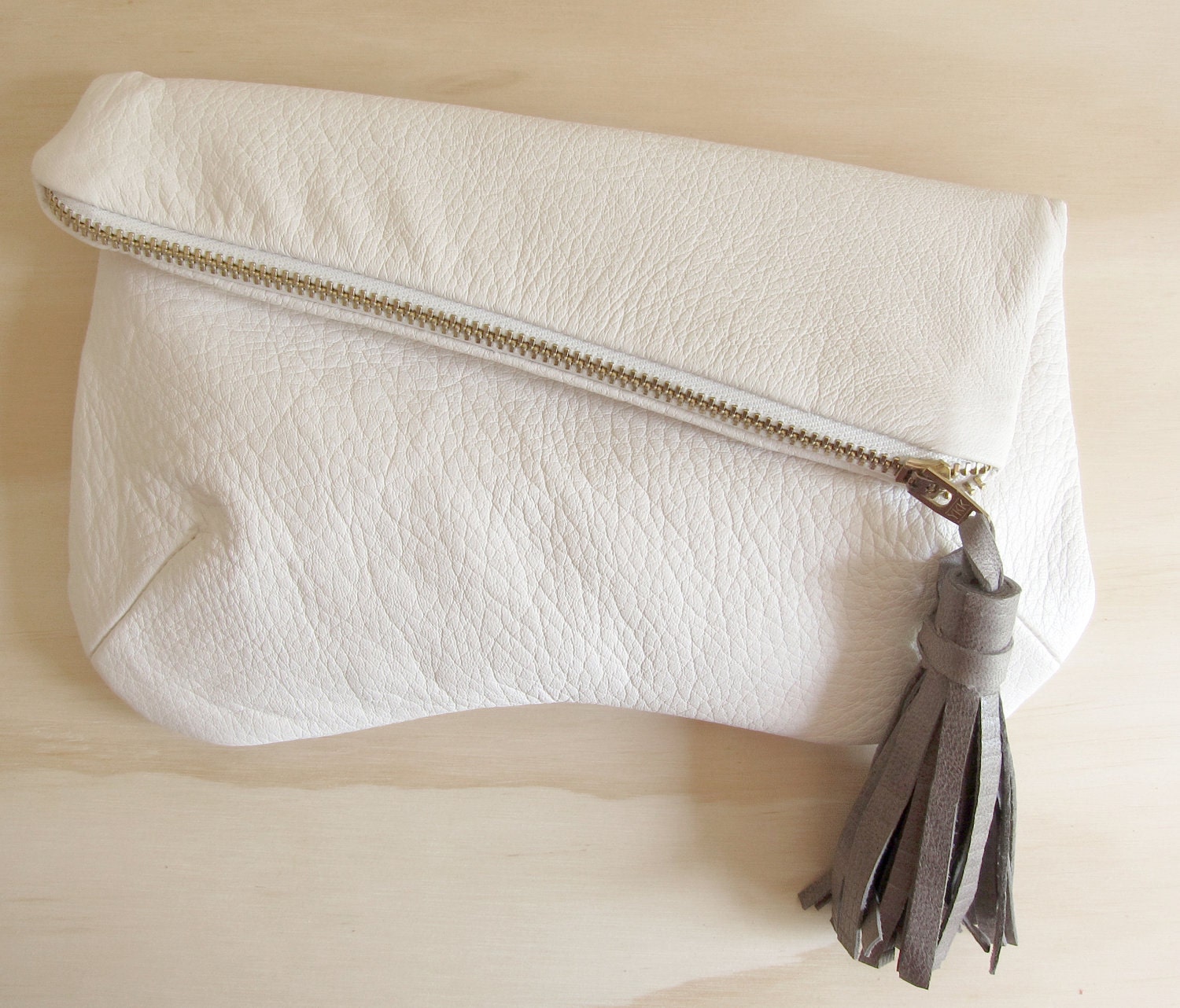 Ivory Leather Clutch w/ Grey Leather Tassel