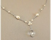 Trinity Pearl Necklace with Crystal Teardrop, Delicate Necklaces, Dainty Necklaces, Choice of 14K Gold  Filled, White or Ivory Pearls