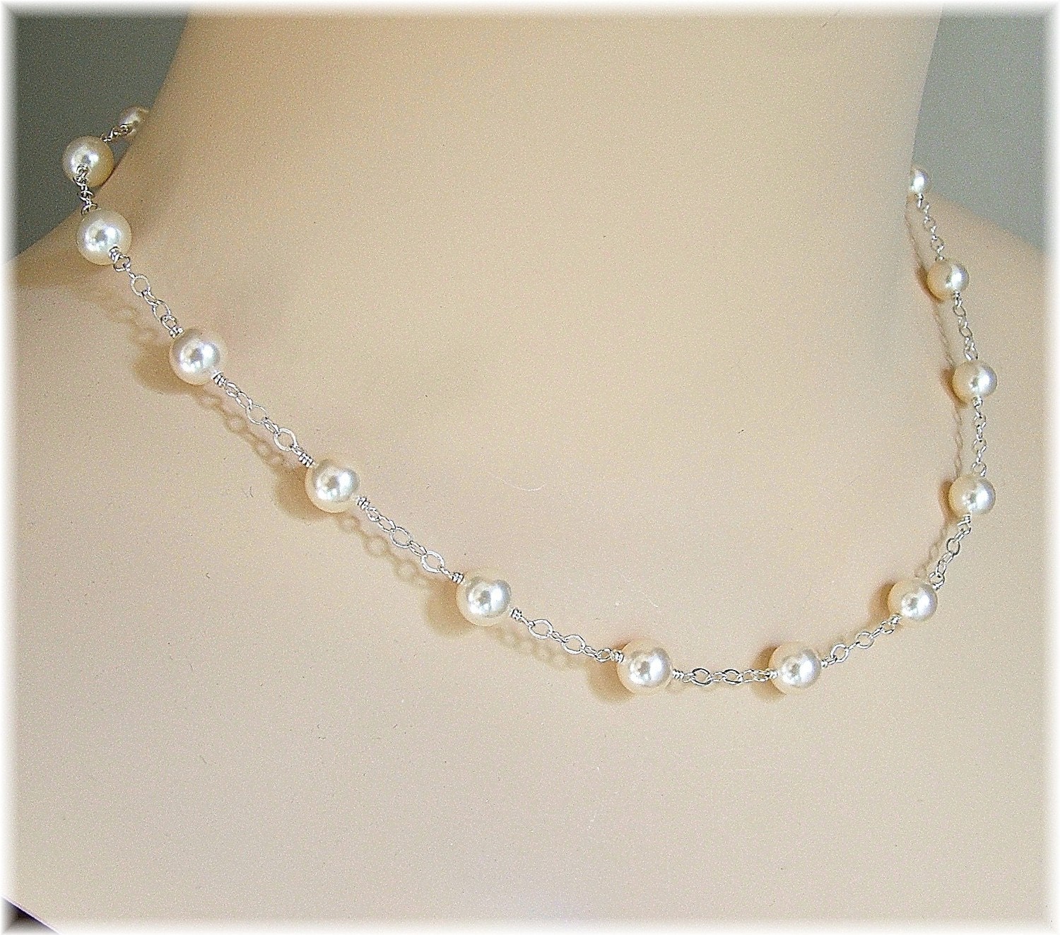 Pearl Tin Cup Necklace, Delicate Bridal Necklaces, Pearl Necklace Floating Pearls Necklace, Wedding Jewelry, Ivory Weddings