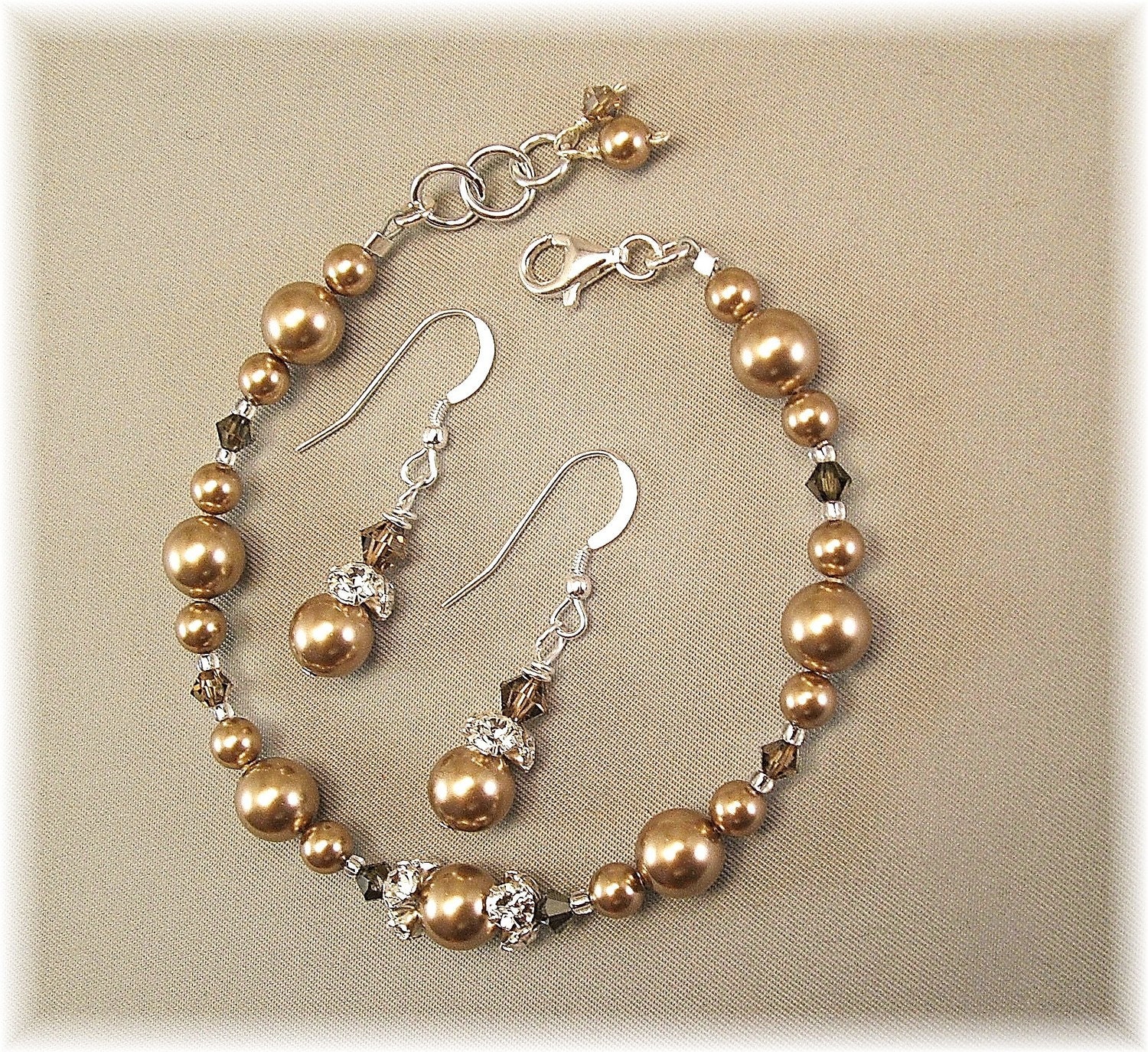 Bronze Pearl and Swarovski Crystal, Bridesmaid Bracelet and Earring Set, Brown Bridal Party