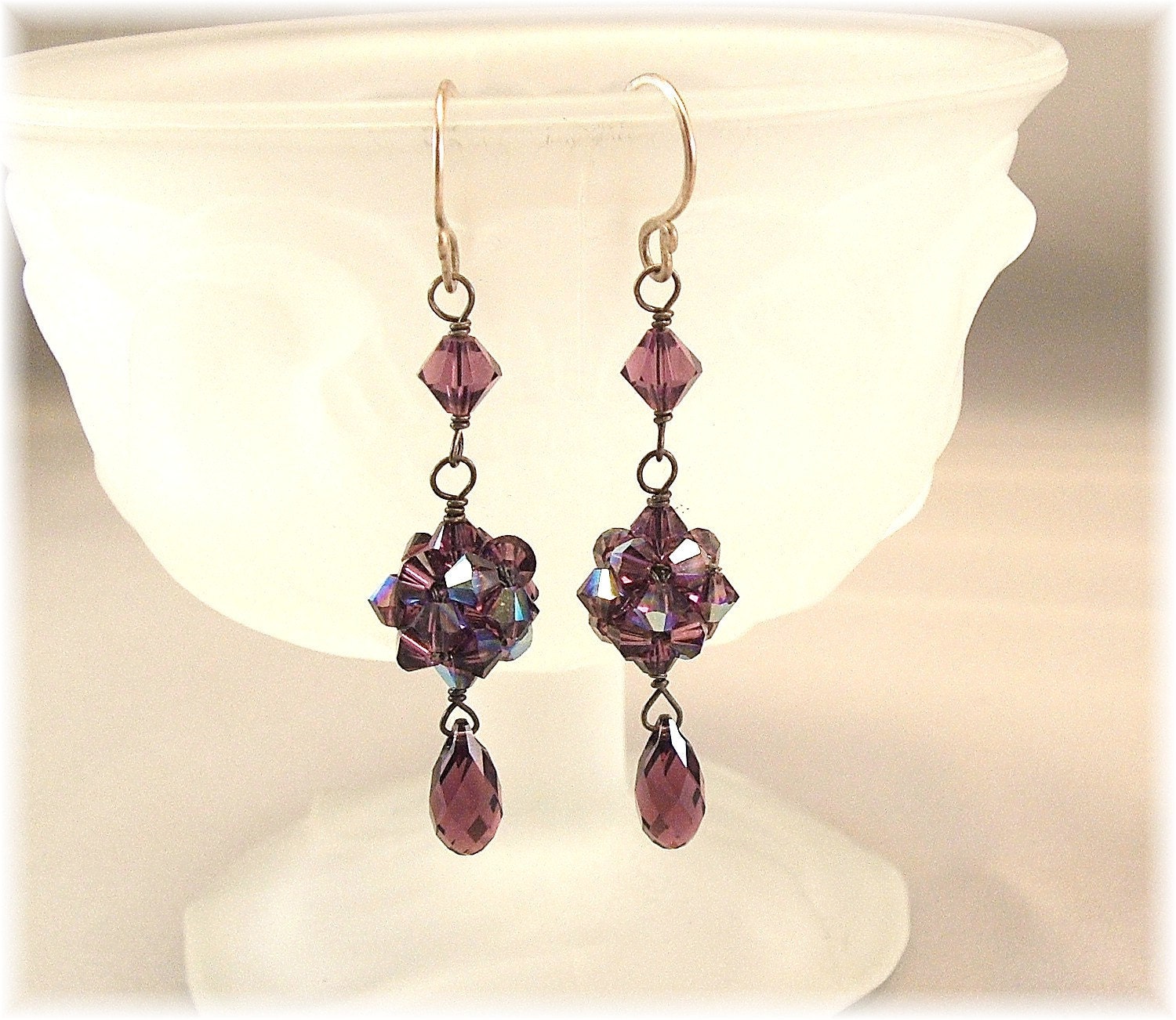 Woven Amethyst Crystal Ball Dangle Earrings, Purple Earrings, Bridesmaid Earrings, Amethyst a.b.