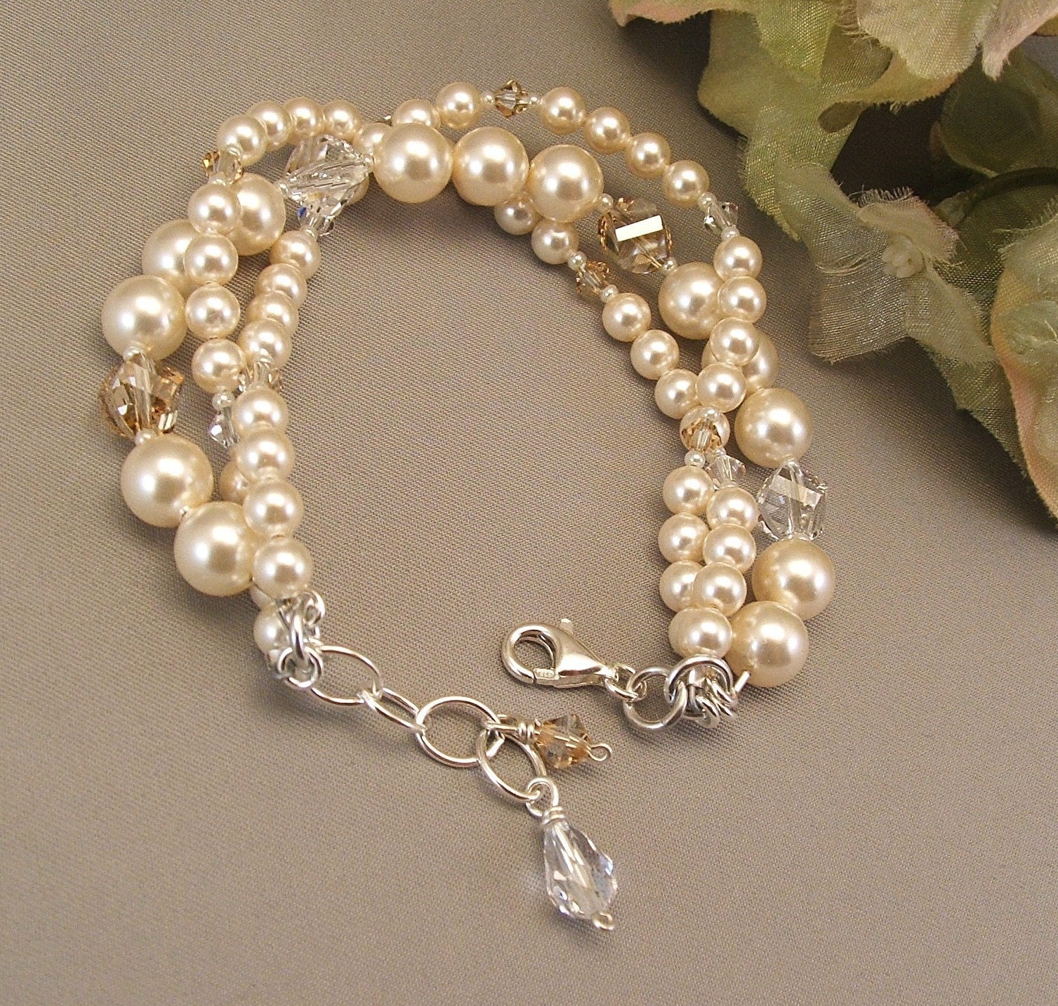 Ivory Wedding Gown Bracelet, Ivory Swarovski Pearls with Golden Shadow Blend Crystal, Intertwined Bracelet
