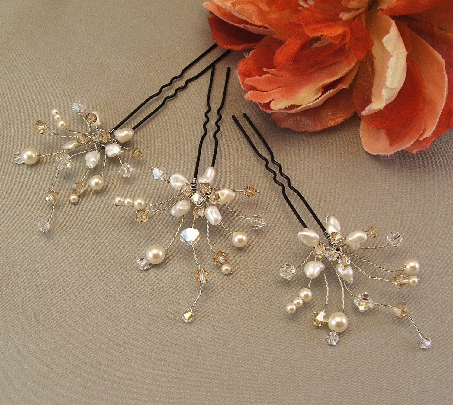 Bridal Hair Accessories, Keishi Freshwater Pearls, Floral Inspired Pearl and Crystal Beaded Hair Pins, Set of Three Light Golden Blend