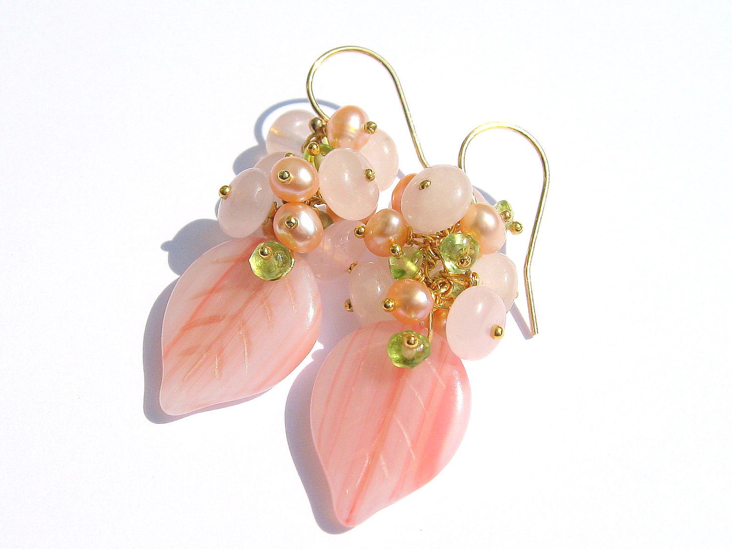 Leaf Earrings, Pink Gemstone Jewelry, Pearl, Rose Quartz, Peridot in Gold Vermeil