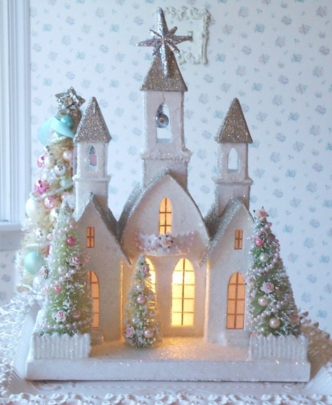 RESERVED for TONYA - LIGHTED Shabby Christmas Cathedral - Vintage Style with Bottle Brush Trees