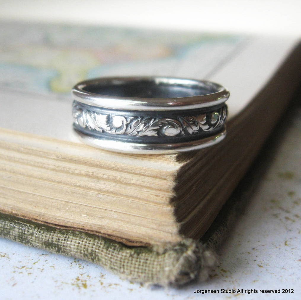 Scroll Mens Wedding Band Ring Sterling Silver Wide