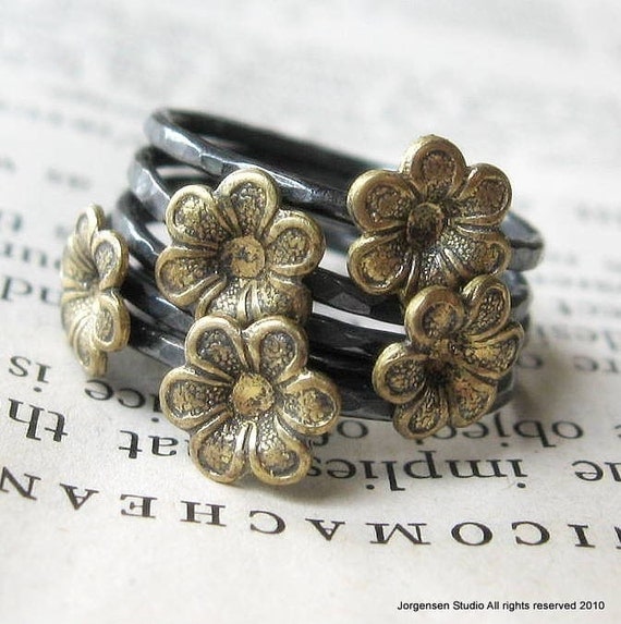 Flower Stack Set of Five Rings Sterling and Brass
