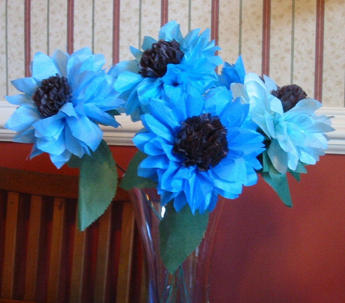 12 Open Sunflowers, Tissue Paper Flowers, wire stems, daisies, ready to use