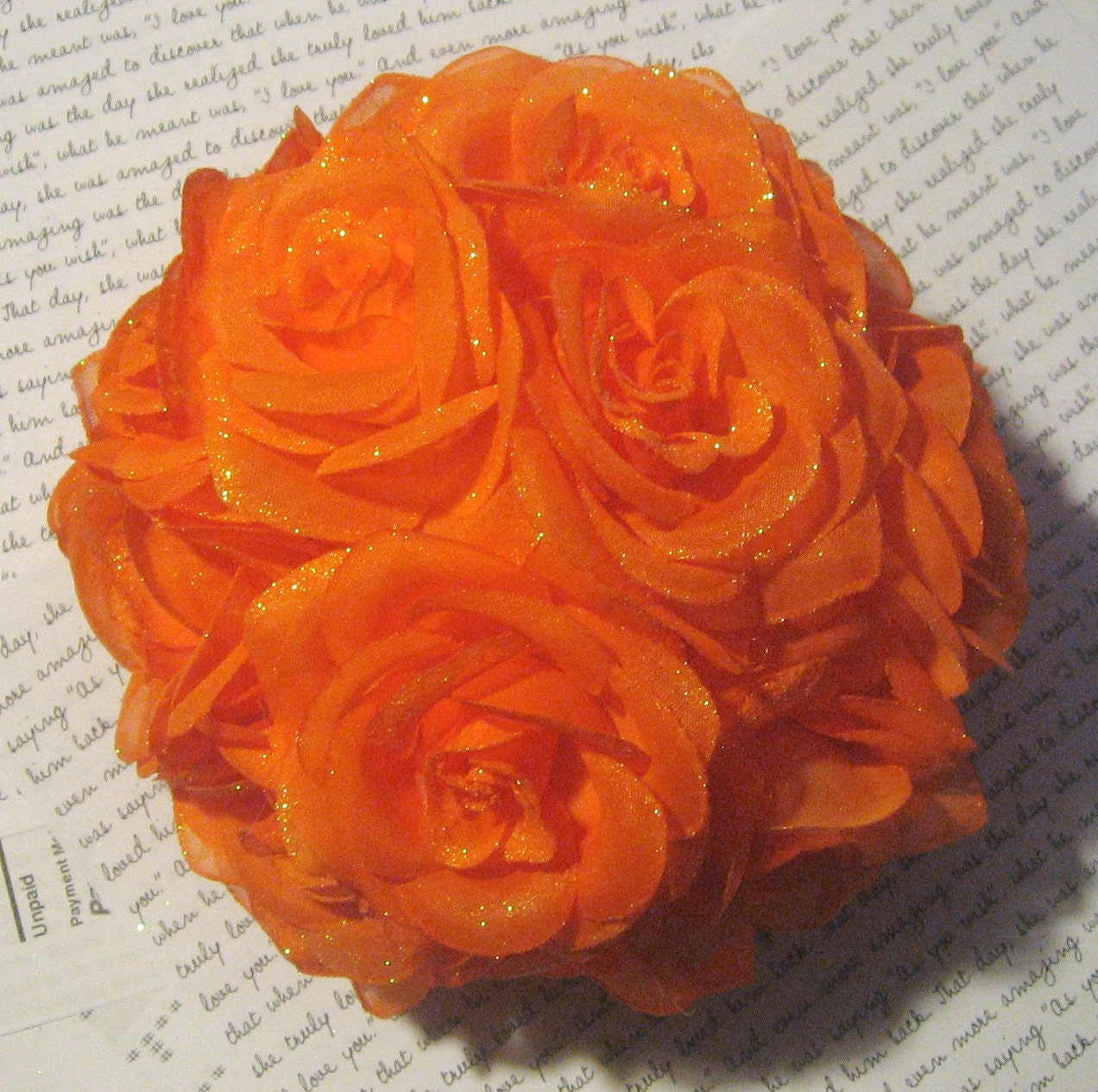 Rose Kissing Ball, Frosted Icy Rose, Pomander, glitter, tangerine, chair, aisle, bridesmaid