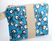 Zippered Wristlet -Bicycles on Blue with Linen