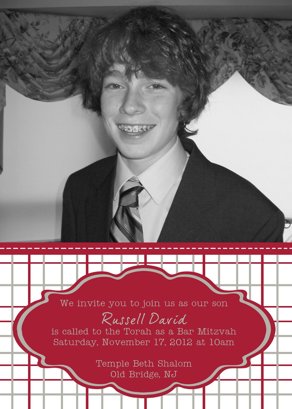 bar mitzvah photo invitation, plaid, 5x7, printable, do it yourself