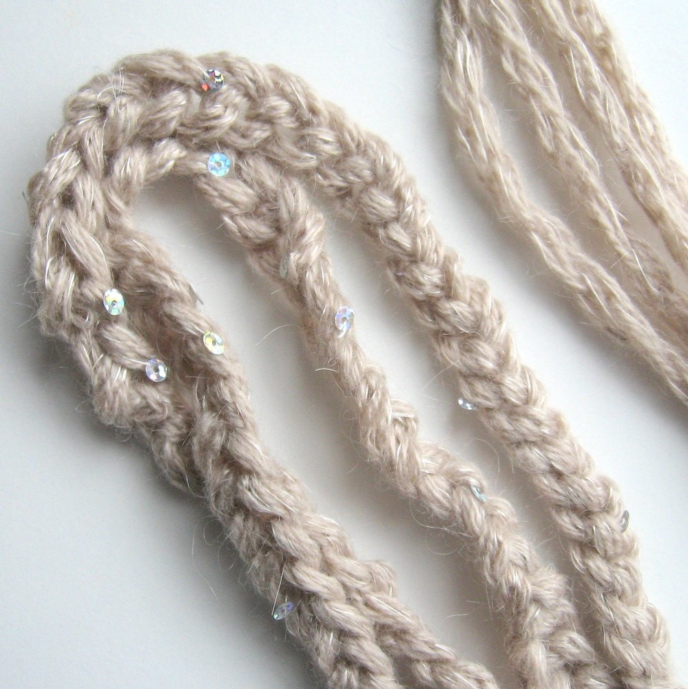 Double Braid Beige HeadBand Accented with Silver Iridescent Sequins - Dew Drops
