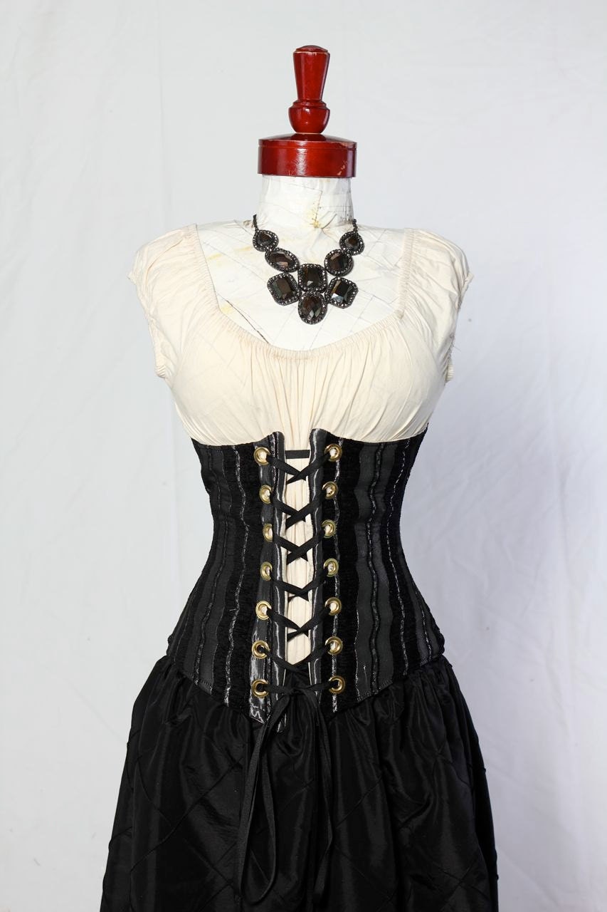 Waist 22 to 24- Black and Silver Stripe Wench Corset-Vertical Slimming Stripes of Magic