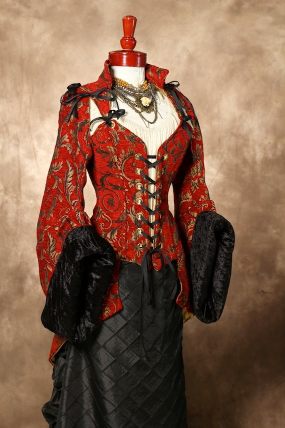 Waist 35-37 Red with Gold Vine Corseted Pirate Coat