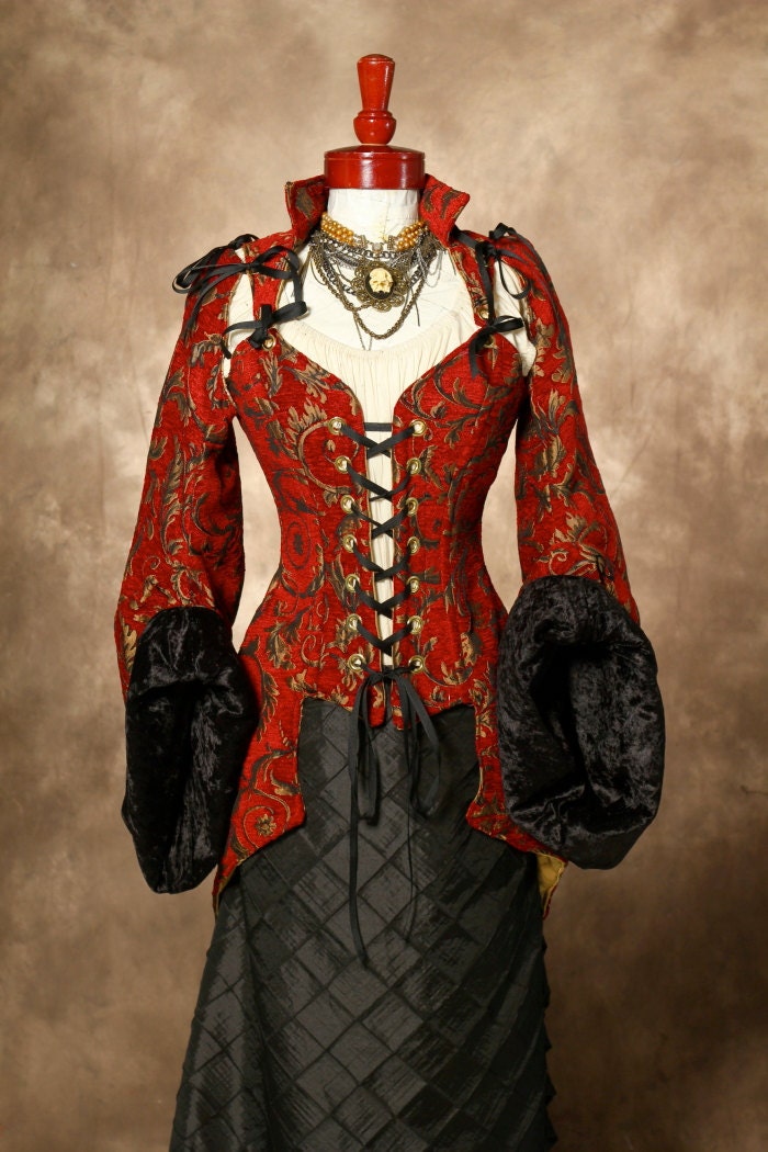 Waist 35-37 Red with Gold Vine Corseted Pirate Coat