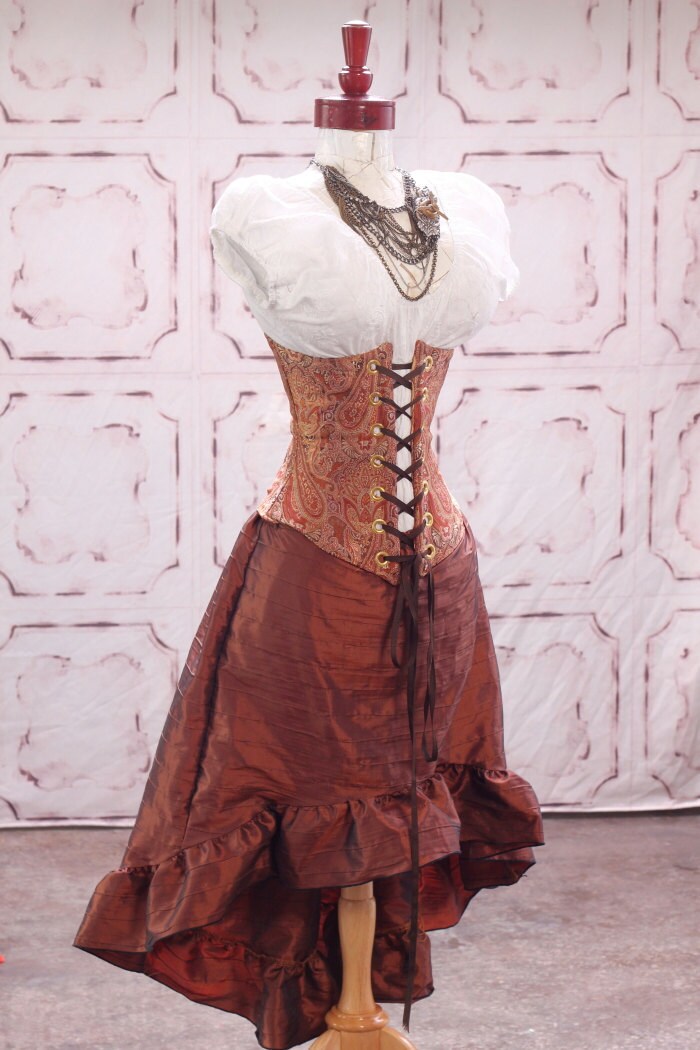 Autumn Paisley Wench Corset and Copper Knee Length Stagecoach Skirt by