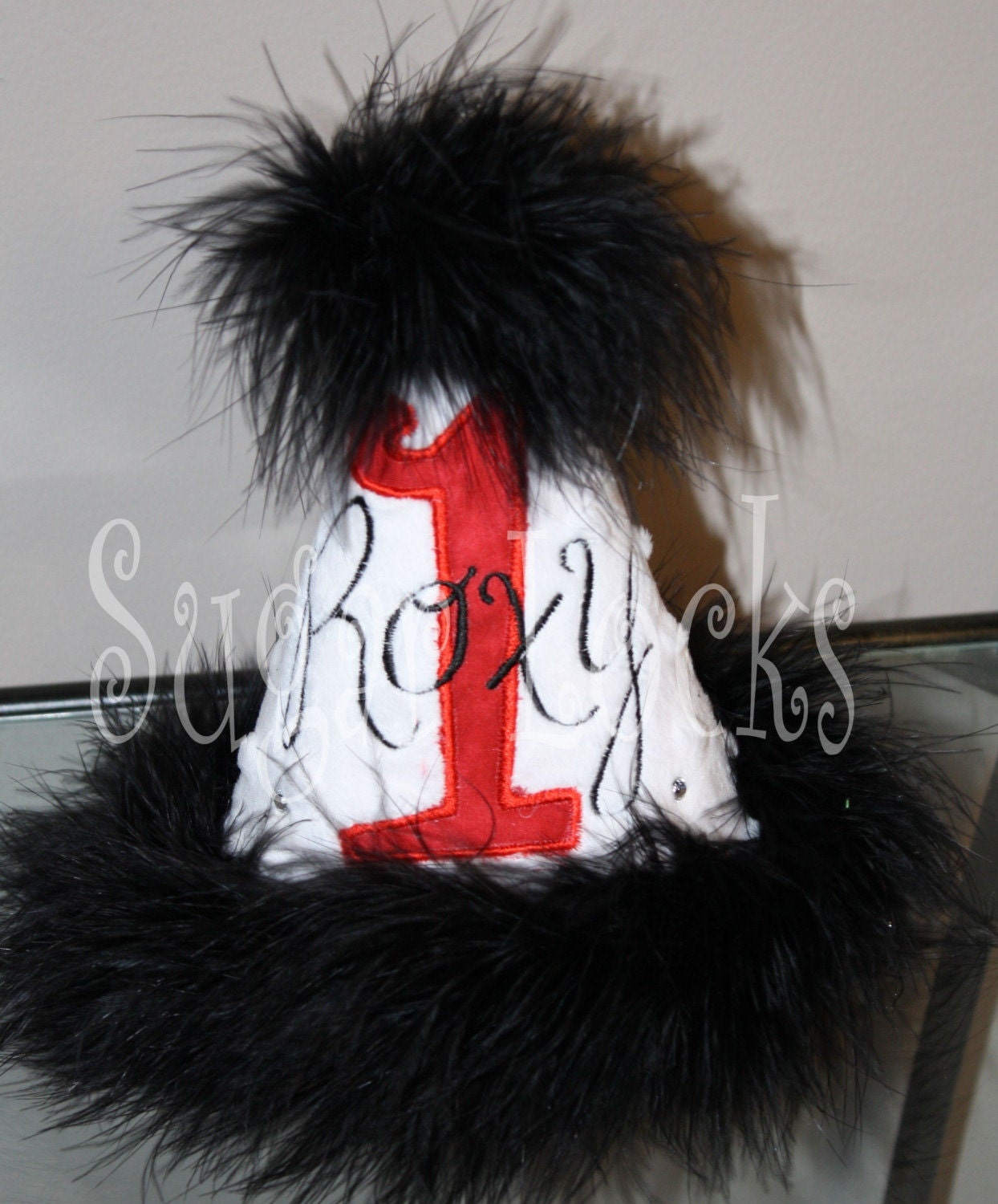 Custom Boutique Personalized Marabou Number Birthday Hat Black and Red