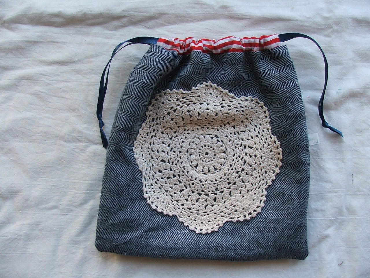 crochet and linen- drawstring case