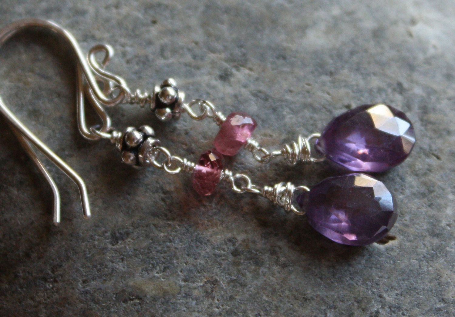 Handmade Gemstone Earrings, Purple Zircon, Pink Tourmaline, Sterling Silver Wire Wrapped Dangles