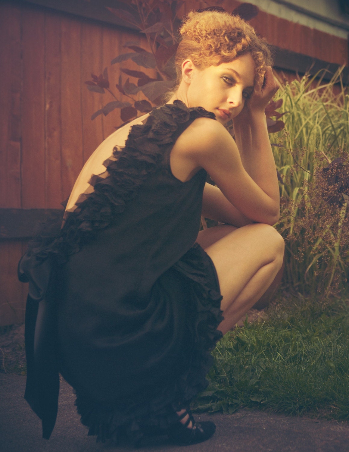 Coco Black Silk Chiffon and Lace Backless Dress with satin bow MADE TO ORDER