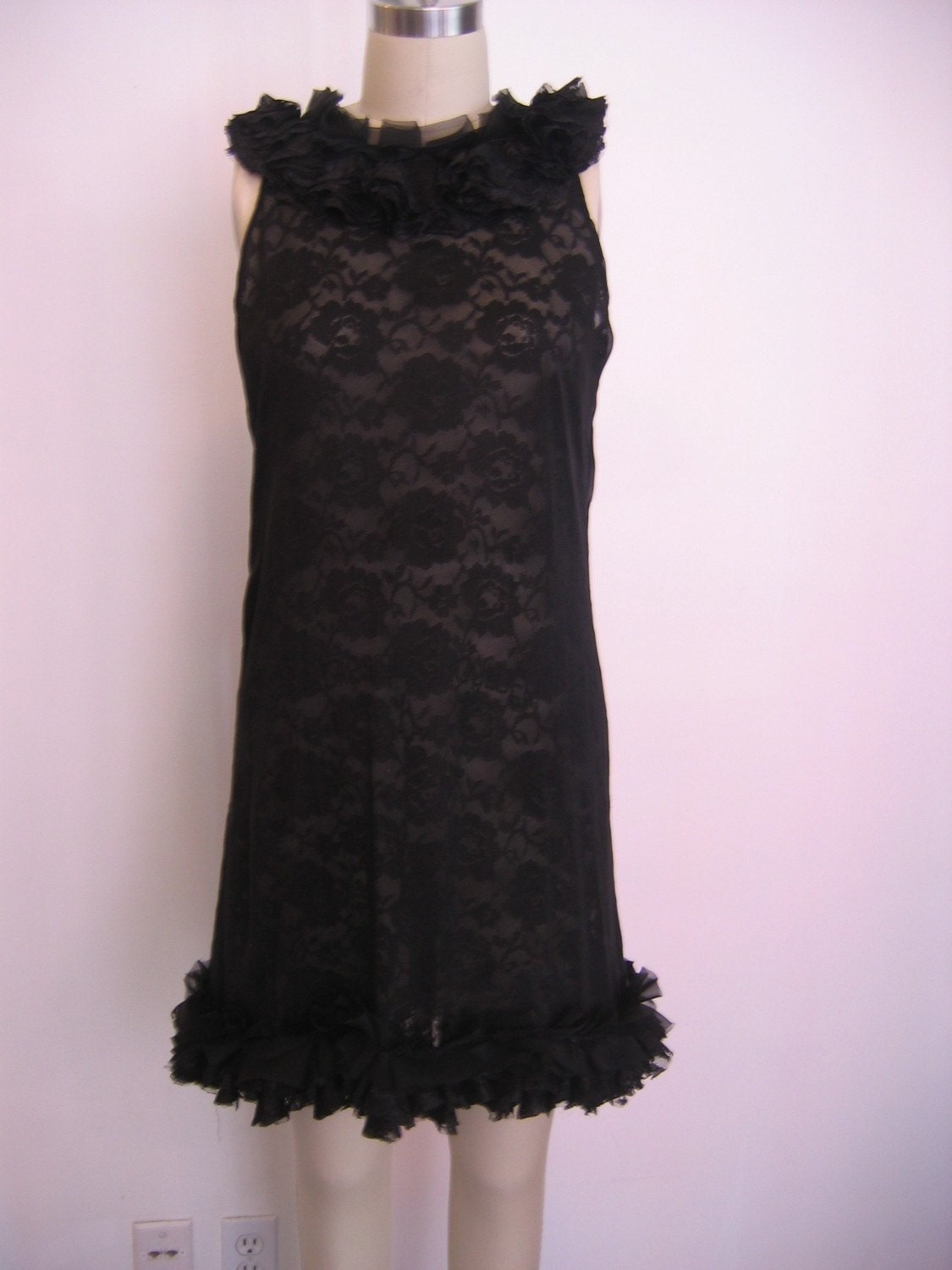 Coco Black Silk Chiffon and Lace Backless Dress. Little Black Dress (LBD). Made to Order.