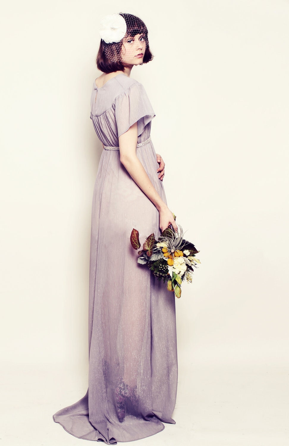 Custom Made to Order Silver Stars Sheer Floor Length Gown. Light Grey Chiffon with Metallic Thread