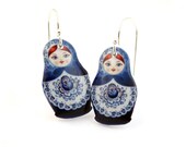 Matryoshka Babushka Earrings Blue White - Jackdaw