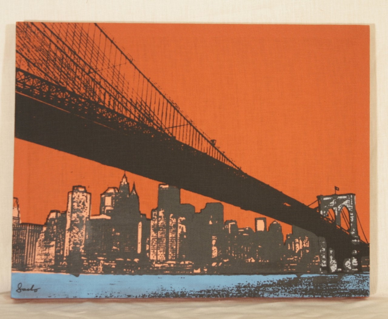 Brick Stretched Linen Brooklyn Bridge Wall Hanging - Turquoise/Silver/Peach