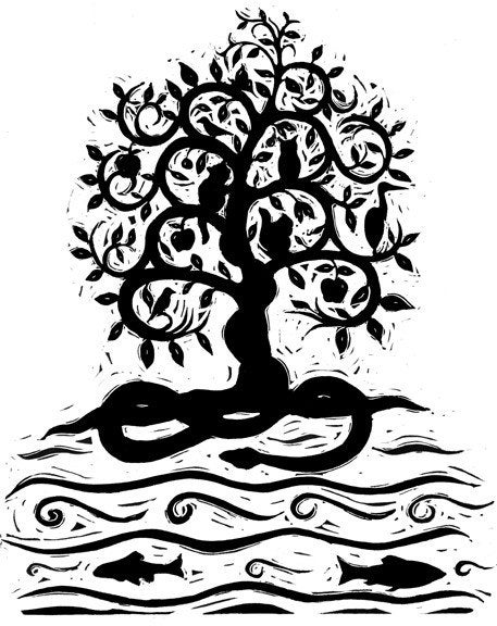 The Revolution also belongs to lakes, trees, rivers, animals (linocut print)
