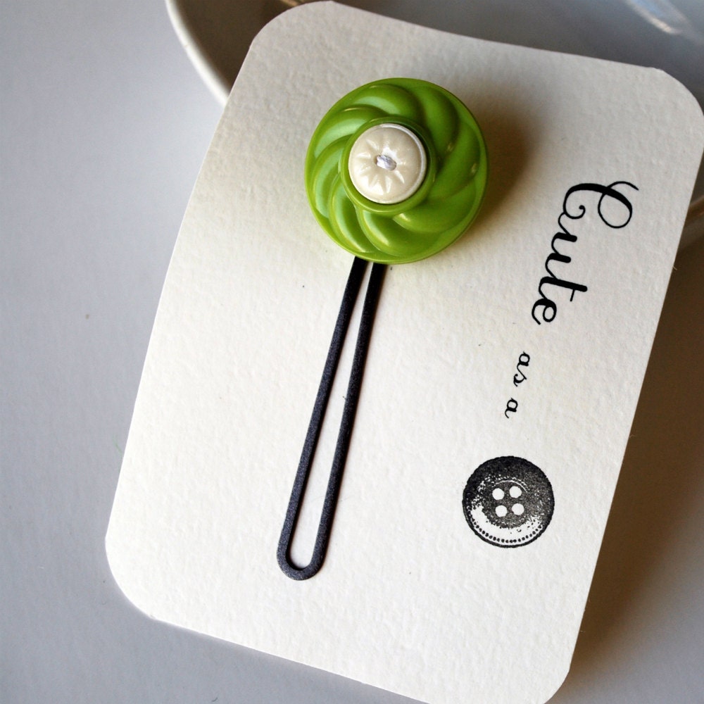 Cute as a Button--Chartreuse and White Vintage Button Hair Pin