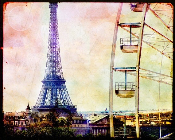 Paris Photography, Retro Paris,  Eiffel Tower, Ferris Wheel, Paris Art, Pastel, Bokeh, Gift Idea, Under 20