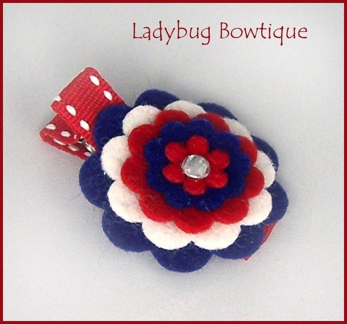 Sweet Wool Felt Flower Clip - Patriotic Red White and Blue