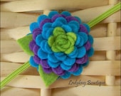 Wool Felt Flower Clip or Skinny Elastic Headband - Turquoise and Purple