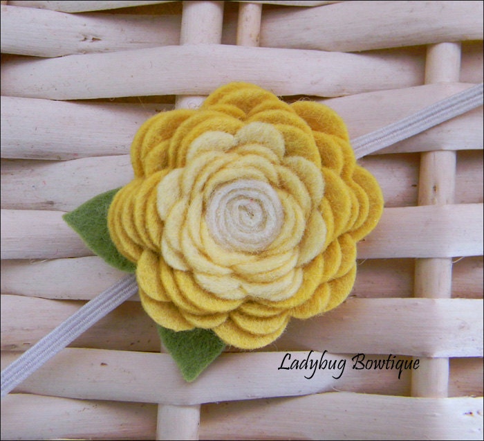 Wool Felt Flower Rosette Hair Clip or Skinny Elastic Headband - Buttercup
