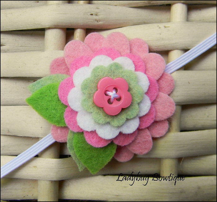 Wool Felt Flower Clip or Skinny Elastic Headband - Pink and Mint