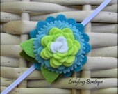 Wool Felt Flower Clip or Skinny Elastic Headband - Bright Peacock