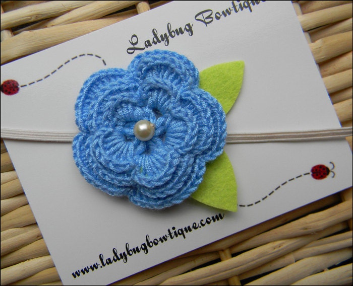 Girls Crochet Flower with Pearl Skinny Elastic Headband - Blue
