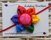 Sweet Six-Petal Fabric Flower Hair Clip or Skinny Elastic Headband - Primary Rainbow