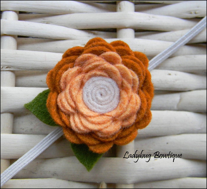 Wool Felt Rosette Flower Skinny Elastic Headband Or Hair Clip - Autumn Peach