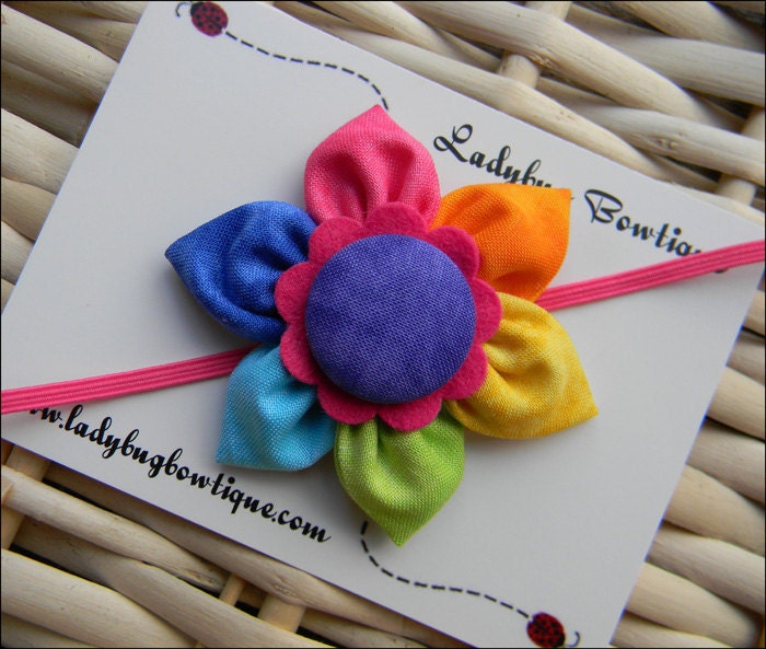 Sweet Six-Petal Fabric Flower Hair Clip or Skinny Elastic Headband - Candy Rainbow