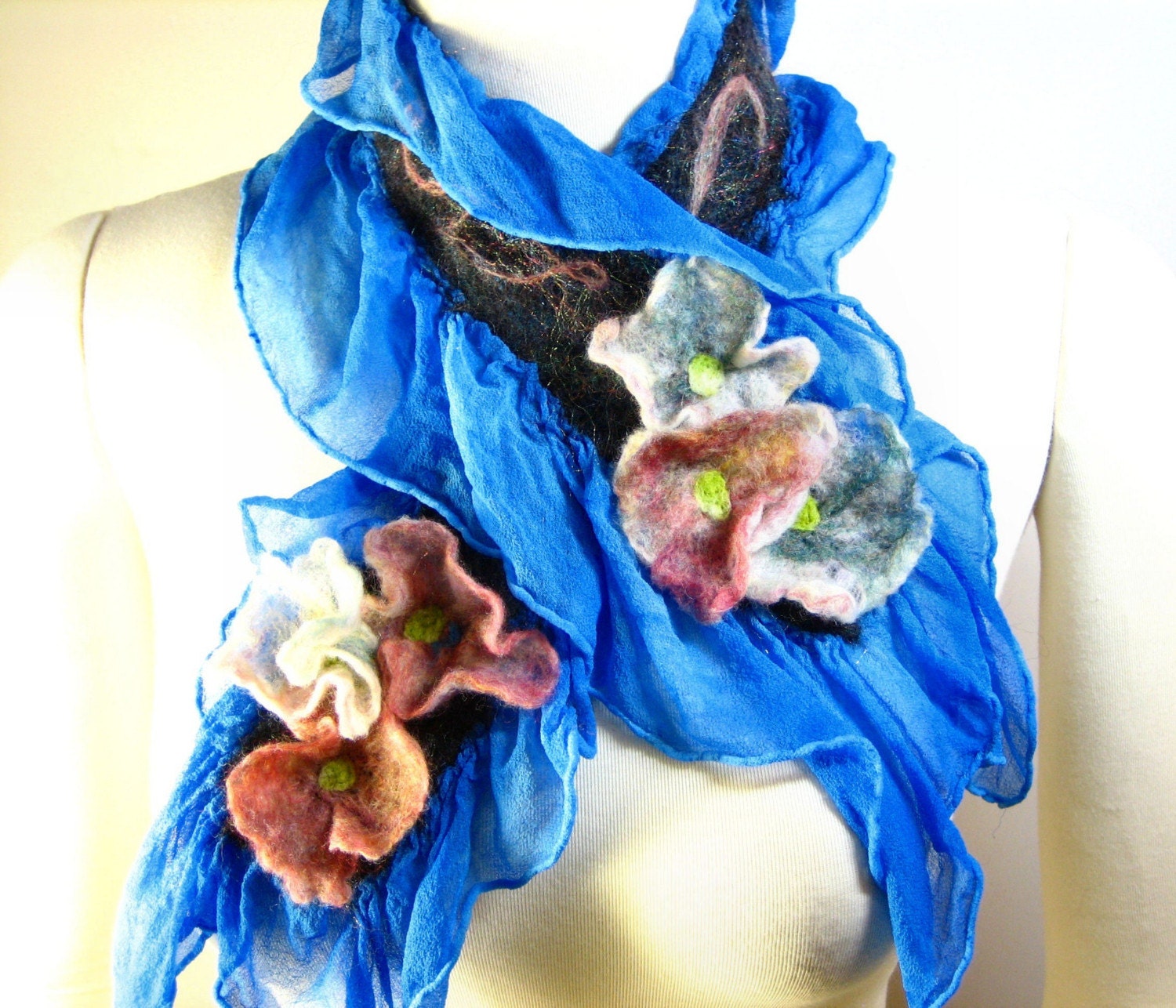 Vavoosh Flower Scarf Nuno Felt Merino Silk with ruffly blossoms - Green
