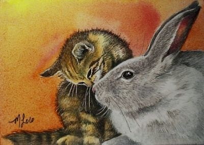 Bunny and Cat Art By Melody Lea Lamb ACEO Print
