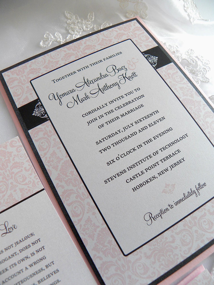 Black and Blush Pink Damask Wedding Invitation Set