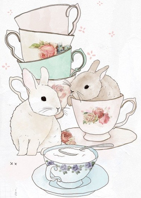 Bunnies and tea ACEO