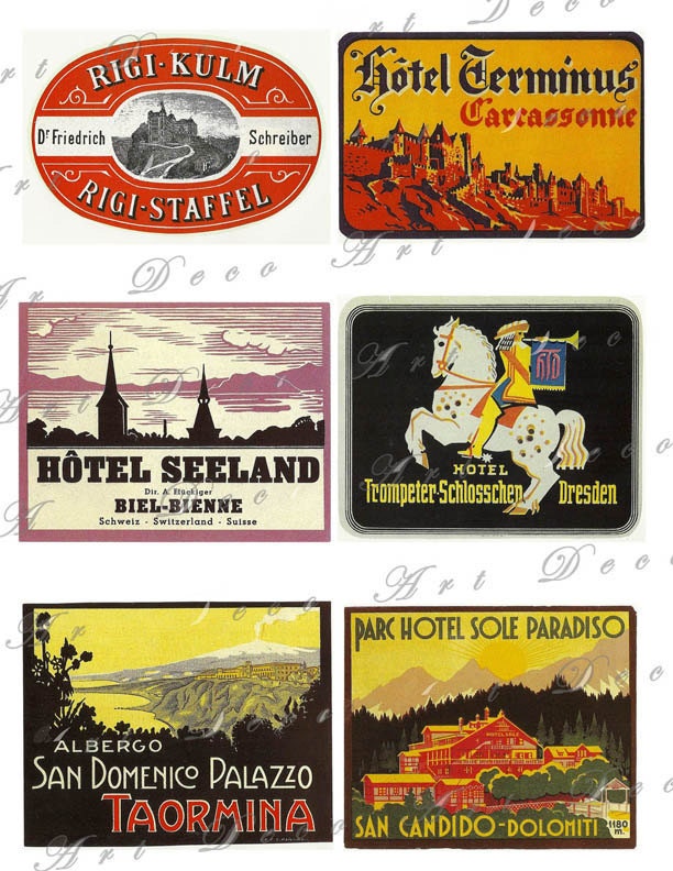 Vintage Luggage Labels...Carcassonne, Dresden, San Candido digital collage sheet no. 393