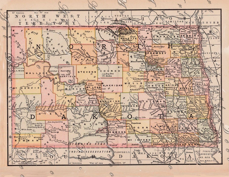 map of North Dakota from 1891...in pretty pastel colors... digital download no.  4