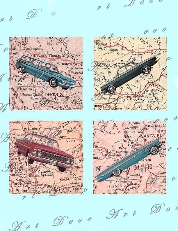 instant download....1960's American cars on maps....3.5 by 3.5 inch digital collage sheet no. 437