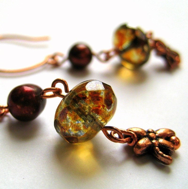Copper Dragonfly Glass Bead and Pearl Earrings
