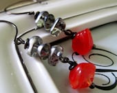 Retro Revival Art Deco Red and Silver Glass Bead Dangle Earrings